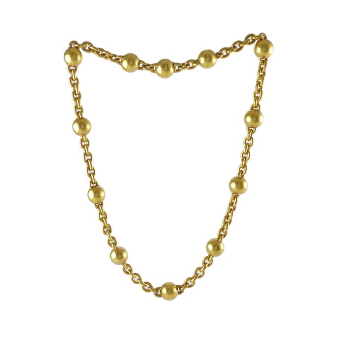 19th century gold ball and tracelink chain necklace, c.1880, bold links spaced by twelve uniform gold balls, | MasterArt